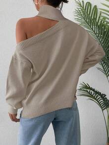EURMUSE Women's High Neck Off-shoulder Solid Color Sweater - Beige - View 2