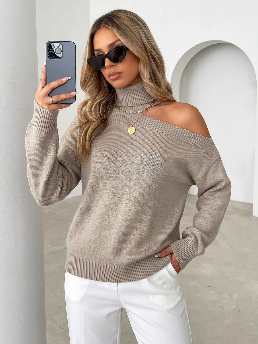 EURMUSE Women's High Neck Off-shoulder Solid Color Sweater - Beige - View 1