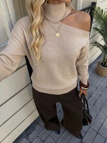 EURMUSE Women's High Neck Off-shoulder Solid Color Sweater - Beige - View 6