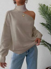 EURMUSE Women's High Neck Off-shoulder Solid Color Sweater - Beige - View 4