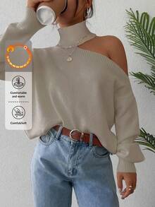 EURMUSE Women's High Neck Off-shoulder Solid Color Sweater - Beige - View 5