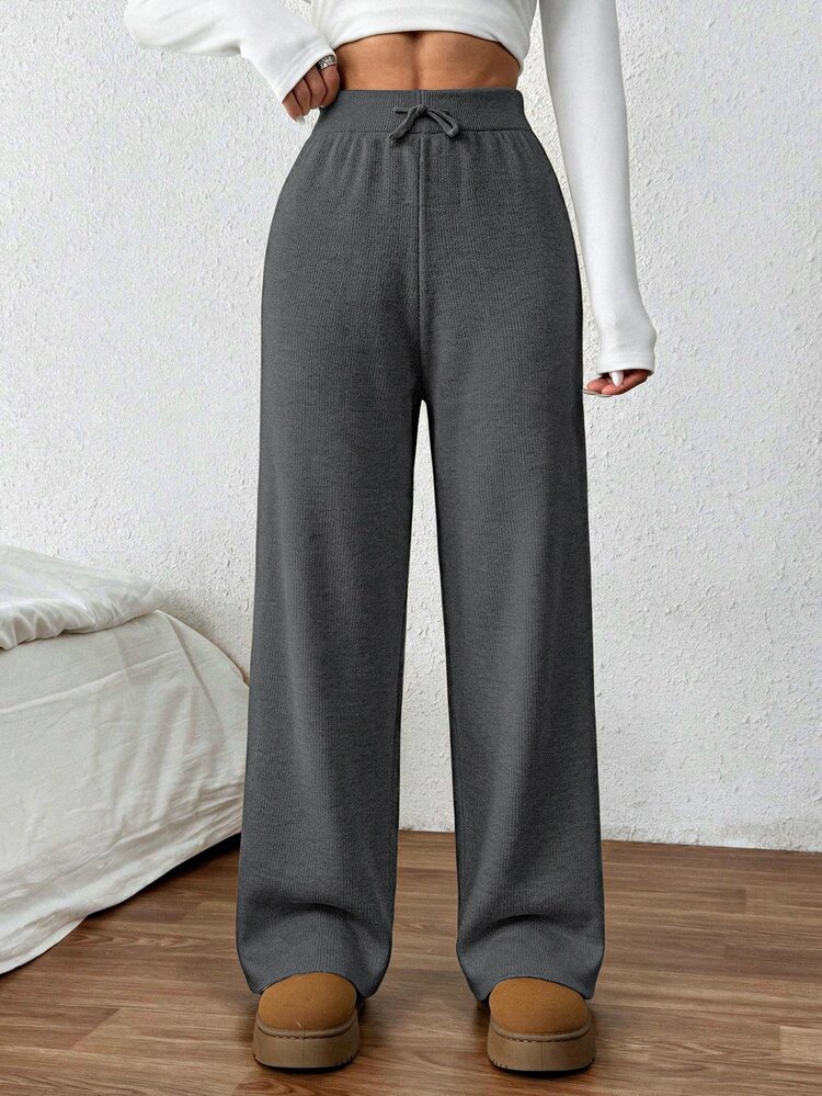 EURMUSE Women's Solid Color Waist Tie Wide Leg Loose Knit Pants, For Autumn/Winter ,Petite Women - Dark Grey - View 1