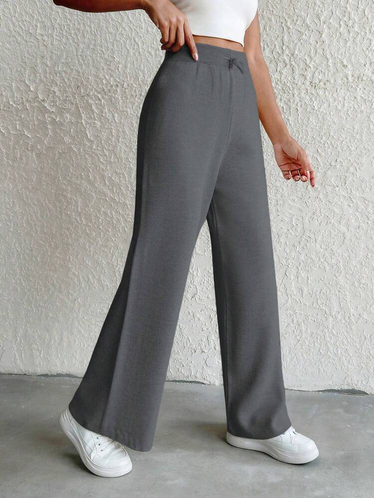 EURMUSE Women's Solid Color Waist Tie Wide Leg Loose Knit Pants, For Autumn/Winter ,Petite Women - Dark Grey - View 4