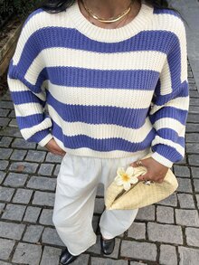 EURMUSE Women Stripe Pattern Rib Knit Chunky Sweater - Blue - View 3