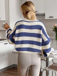 EURMUSE Women Stripe Pattern Rib Knit Chunky Sweater - Blue - View 2