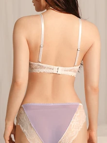 DelicateAllure 2pcs Light Purple Sexy Mesh Lace Patchwork Underwire Molded Push-Up Support Full Bust Transparent Sheer Lingerie Set For Women - White - View 5