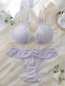 DelicateAllure 2pcs Light Purple Sexy Mesh Lace Patchwork Underwire Molded Push-Up Support Full Bust Transparent Sheer Lingerie Set For Women - White - View 6