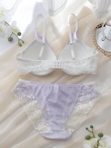 DelicateAllure 2pcs Light Purple Sexy Mesh Lace Patchwork Underwire Molded Push-Up Support Full Bust Transparent Sheer Lingerie Set For Women - White - View 7