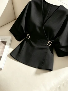 GlowEve 法式優雅襯衫，夏季輕奢高端通勤百搭收腰蝙蝠袖上衣 - 黑色 - 查看 6