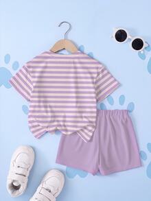 SHEIN | PAW Patrol 女童條紋圓領短袖T恤與短褲休閒套裝 - 白色 - 查看 2