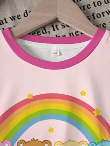 SHEIN X Care Bears 青少年女孩夏季休閒可愛熊圖案圓領短袖T恤與短褲套裝 - 白色 - 查看 3