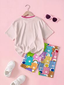 SHEIN X Care Bears 青少年女孩夏季休閒可愛熊圖案圓領短袖T恤與短褲套裝 - 白色 - 查看 2