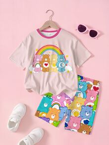SHEIN X Care Bears 青少年女孩夏季休閒可愛熊圖案圓領短袖T恤與短褲套裝 - 白色 - 查看 1