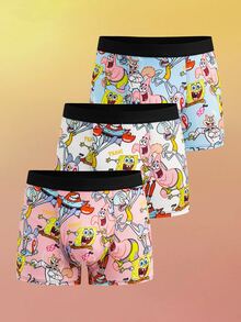 SpongeBob SquarePants | SHEIN 青少年男孩卡通图案撞色舒适时尚泳裤 - 藍白色 - 查看 8