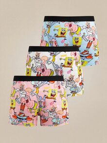 SpongeBob SquarePants | SHEIN 青少年男孩卡通图案撞色舒适时尚泳裤 - 藍白色 - 查看 2