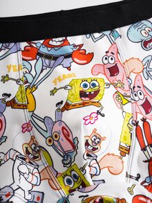SpongeBob SquarePants | SHEIN 青少年男孩卡通图案撞色舒适时尚泳裤 - 藍白色 - 查看 5
