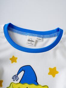 SpongeBob SquarePants | SHEIN Baby Boy Cartoon Print Short Sleeve Top And Shorts Snug Fit Pajama Set, Summer - Blue and White - View 3