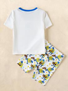 SpongeBob SquarePants | SHEIN Baby Boy Cartoon Print Short Sleeve Top And Shorts Snug Fit Pajama Set, Summer - Blue and White - View 2