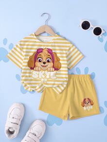 SHEIN | PAW Patrol 女童條紋字母卡通印花短袖T恤與短褲休閒日常套裝 - 白色 - 查看 1