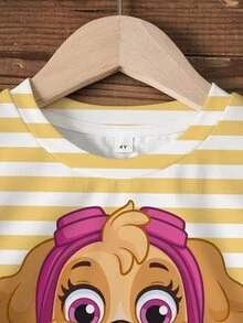 SHEIN | PAW Patrol 女童條紋字母卡通印花短袖T恤與短褲休閒日常套裝 - 白色 - 查看 3