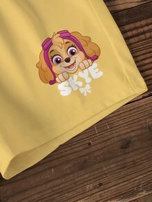 SHEIN | PAW Patrol 女童條紋字母卡通印花短袖T恤與短褲休閒日常套裝 - 白色 - 查看 6