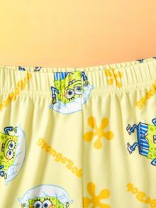 SpongeBob SquarePants | SHEIN 少女卡通全印花针织圆领紧身罗纹上衣和裤子睡衣套装 - 彩色 - 查看 5