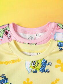SpongeBob SquarePants | SHEIN 少女卡通全印花针织圆领紧身罗纹上衣和裤子睡衣套装 - 彩色 - 查看 3