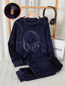 Tween Boy Headphone Embroidery Flannel Pajamas Set - Navy Blue - View 4