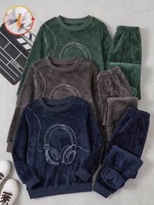 Tween Boy Headphone Embroidery Flannel Pajamas Set - Navy Blue - View 1