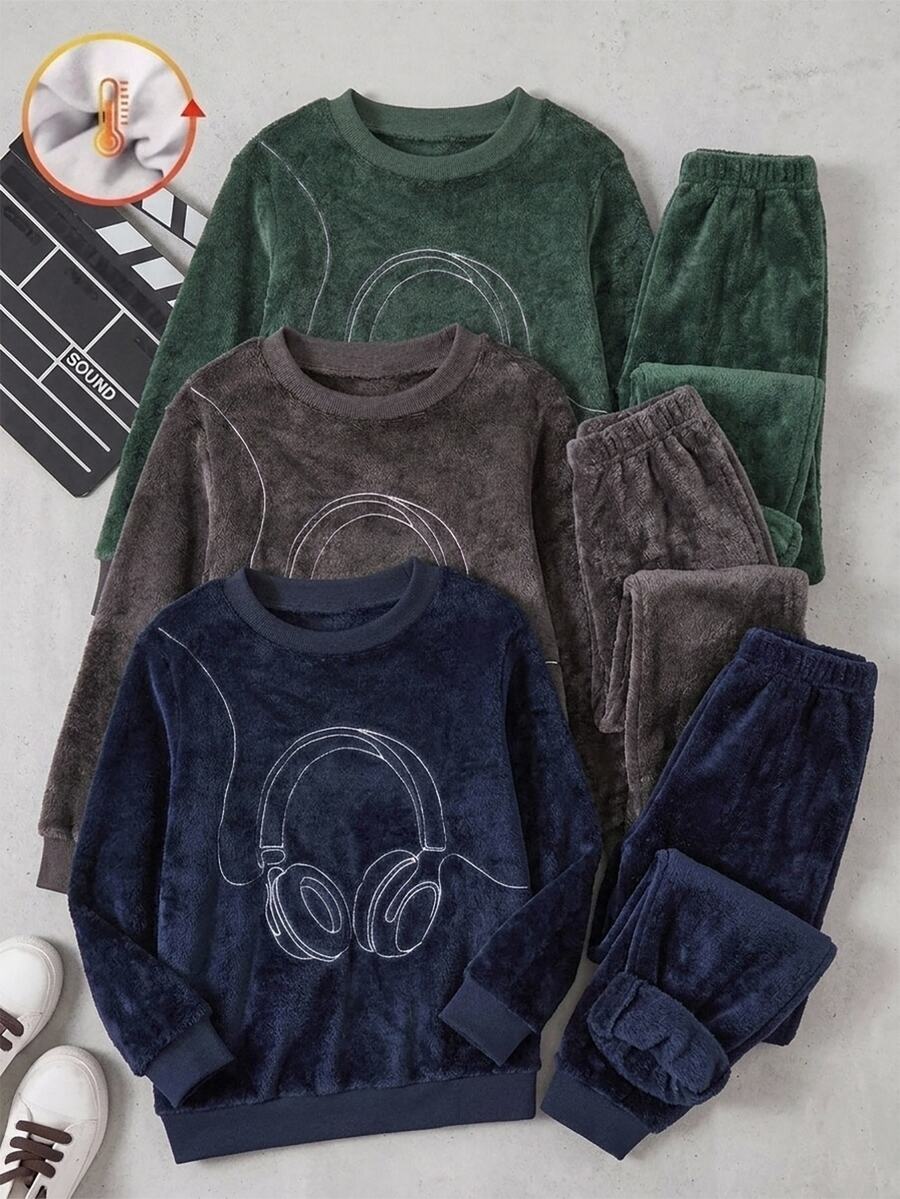 Tween Boy Headphone Embroidery Flannel Pajamas Set - Navy Blue - View 1