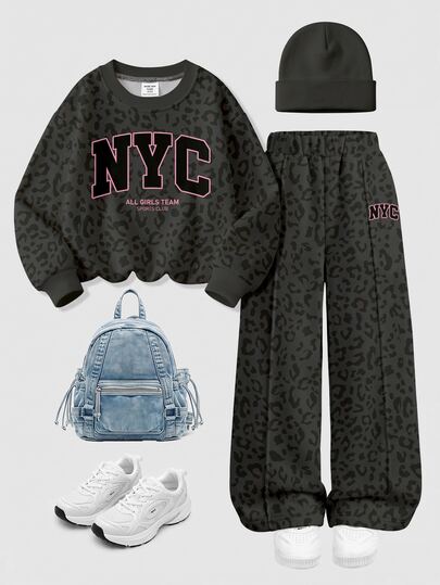 Kombinasi Warna Hitam & Merah Muda, Motif Leopard Modis, Grafis Huruf NYC Kontras, Setelan Kasual Anak Perempuan yang Lembut, Nyaman, Longgar, Kerah Bulat, Sweatshirt & Celana Panjang Lebar, Cocok untuk Sehari-hari di Musim Gugur/Dingin, Streetwear, Gaya Baru, Gadis Chic, Gaya Kampus Chic Kembali ke Sekolah