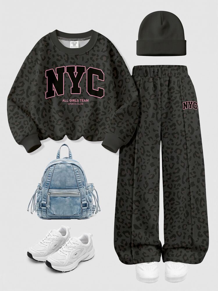 Black & Pink Colorway, Fashionable Leopard Print Sporty Contrast Letter NYC Graphic, Young Girl Casual Soft Comfortable Loose Crew Neck Pullover Sweatshirt & Wide Leg Pants Sporty Set, Suitable For Autumn/Winter Daily, Streetwear, New Style, Chic Girl, Campus Chic Back To School - Multicolor - View 3