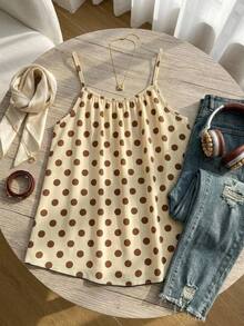 SHEIN CURVE+ Plus Size Women's Beige Polka Dot Casual 1920 Vintage 80s Minimalist Camisole Tank Top Summer Brunch Vacation - Multicolor - View 2