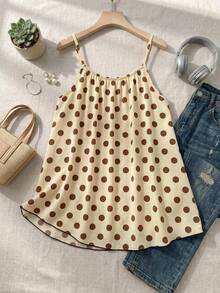 SHEIN CURVE+ Plus Size Women's Beige Polka Dot Casual 1920 Vintage 80s Minimalist Camisole Tank Top Summer Brunch Vacation - Multicolor - View 3