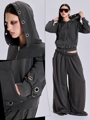 Sudadera holgada de estilo deportivo Y2K casual para primavera, otoño e invierno, con efecto desgastado, rotos y detalle de ojales