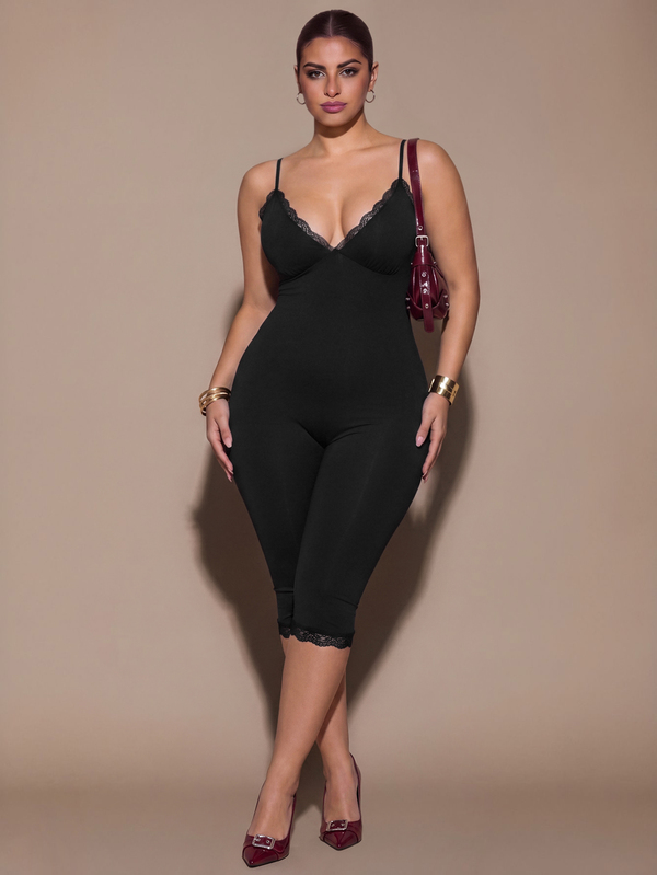 SHEIN BAE CURVE Mono de encaje negro ajustado para mujer de talla grande, leggings elegantes y ceñidos