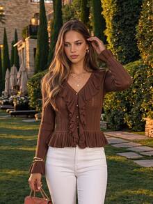 KARISMINA Shades Of Brown Ruffle V-Neck Cropped Knit Cardigan,Flare Cuff Button Top For Commute Date Night Brunch Meet-Up Thanksgiving,Elegant Romantic,Fall - Brown - View 1