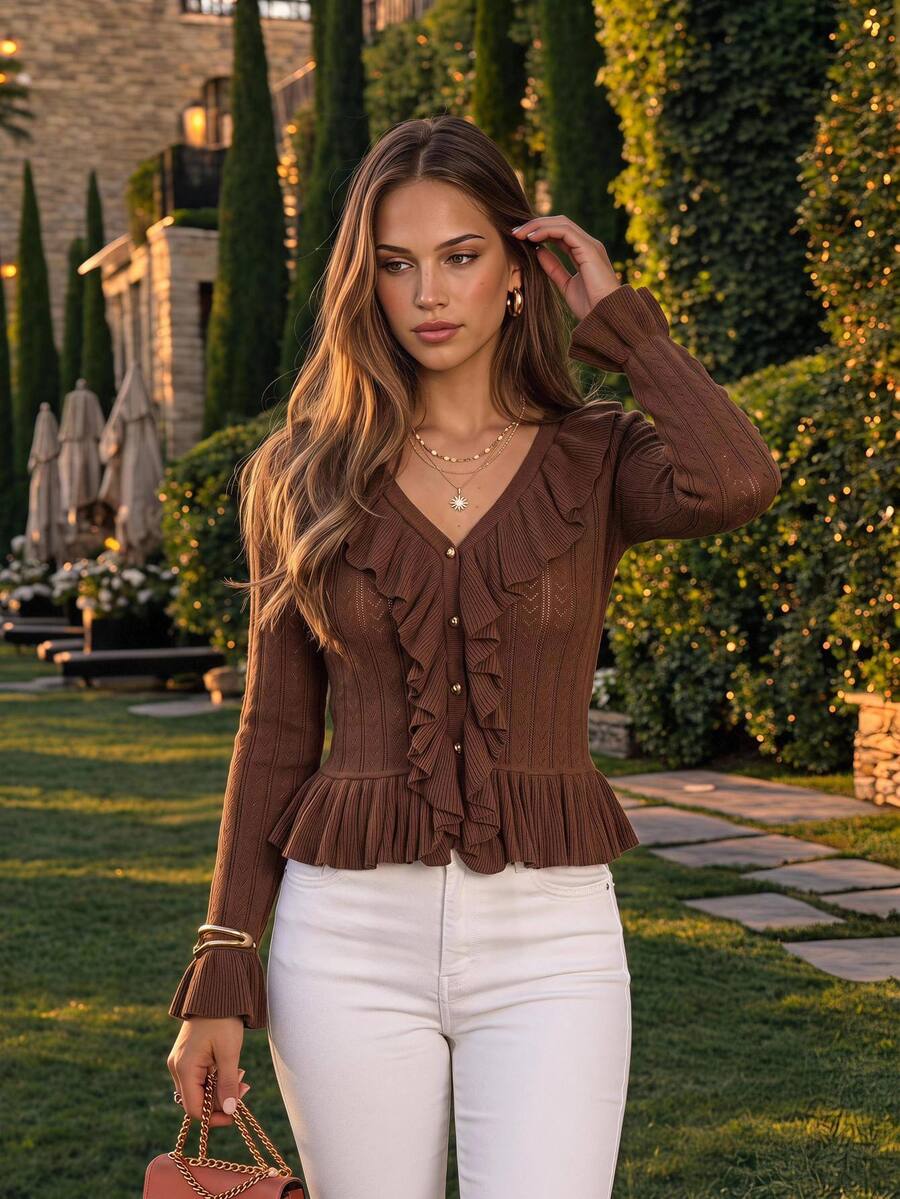 KARISMINA Shades Of Brown Ruffle V-Neck Cropped Knit Cardigan,Flare Cuff Button Top For Commute Date Night Brunch Meet-Up Thanksgiving,Elegant Romantic,Fall - Brown - View 1