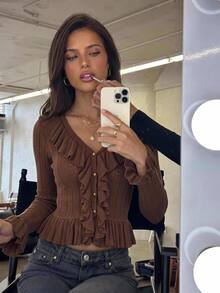KARISMINA Shades Of Brown Ruffle V-Neck Cropped Knit Cardigan,Flare Cuff Button Top For Commute Date Night Brunch Meet-Up Thanksgiving,Elegant Romantic,Fall - Brown - View 11