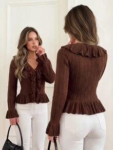 KARISMINA Shades Of Brown Ruffle V-Neck Cropped Knit Cardigan,Flare Cuff Button Top For Commute Date Night Brunch Meet-Up Thanksgiving,Elegant Romantic,Fall - Brown - View 3