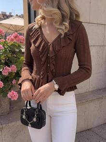 KARISMINA Shades Of Brown Ruffle V-Neck Cropped Knit Cardigan,Flare Cuff Button Top For Commute Date Night Brunch Meet-Up Thanksgiving,Elegant Romantic,Fall - Brown - View 10