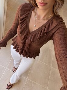 KARISMINA Shades Of Brown Ruffle V-Neck Cropped Knit Cardigan,Flare Cuff Button Top For Commute Date Night Brunch Meet-Up Thanksgiving,Elegant Romantic,Fall - Brown - View 6