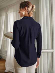 EURMUSE Solid Button Front Shirt - Navy Blue - View 2