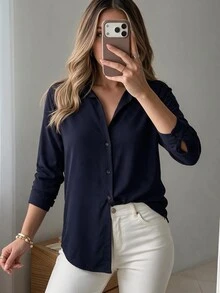EURMUSE Solid Button Front Shirt - Navy Blue - View 8