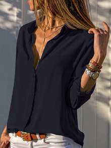 EURMUSE Solid Button Front Shirt - Navy Blue - View 7