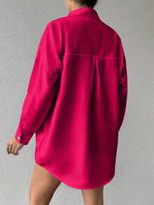 Cotton Women's Drop Shoulder Long Sleeve Solid Color Basic Shirt - Hot Pink - View 2