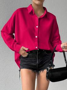 Cotton Women's Drop Shoulder Long Sleeve Solid Color Basic Shirt - Hot Pink - View 5