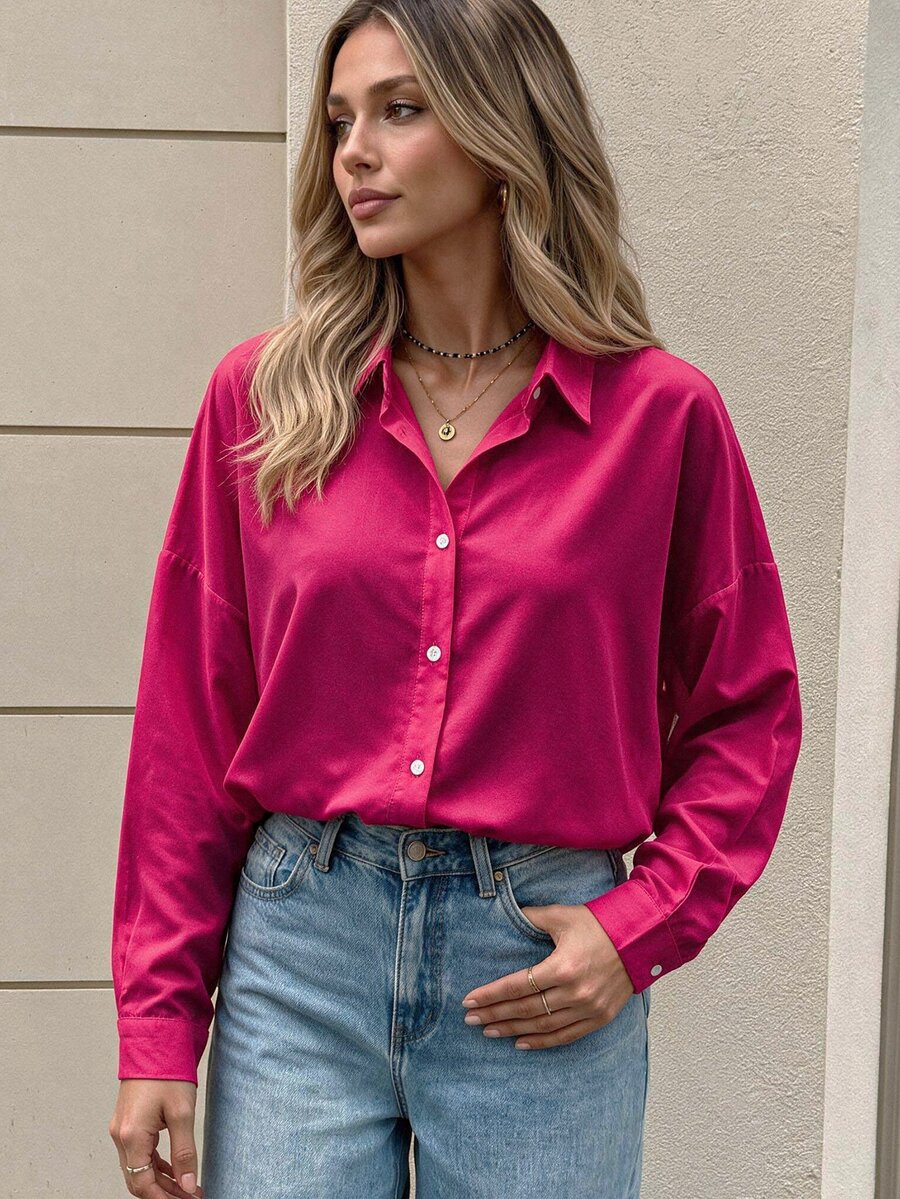 Cotton Women's Drop Shoulder Long Sleeve Solid Color Basic Shirt - Hot Pink - View 1