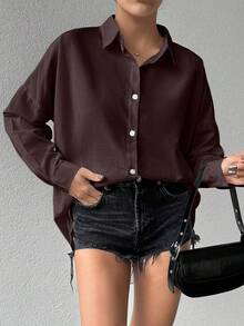 Cotton Women's Drop Shoulder Long Sleeve Solid Color Basic Shirt - Brown - View 3