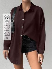 Cotton Women's Drop Shoulder Long Sleeve Solid Color Basic Shirt - Brown - View 5